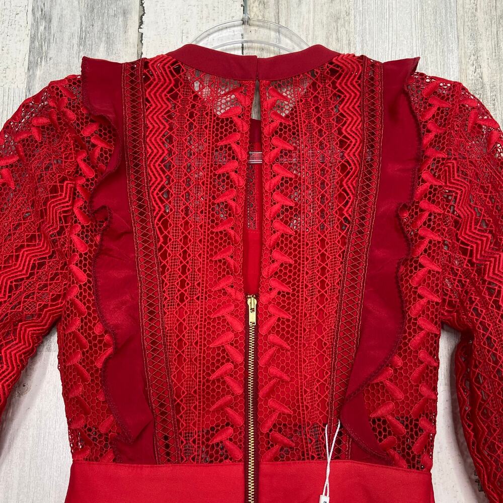 NWT Self-Portrait Red Geometric Lace Dress Guipure Crochet Preppy Twee Size 2 - Picture 11 of 16